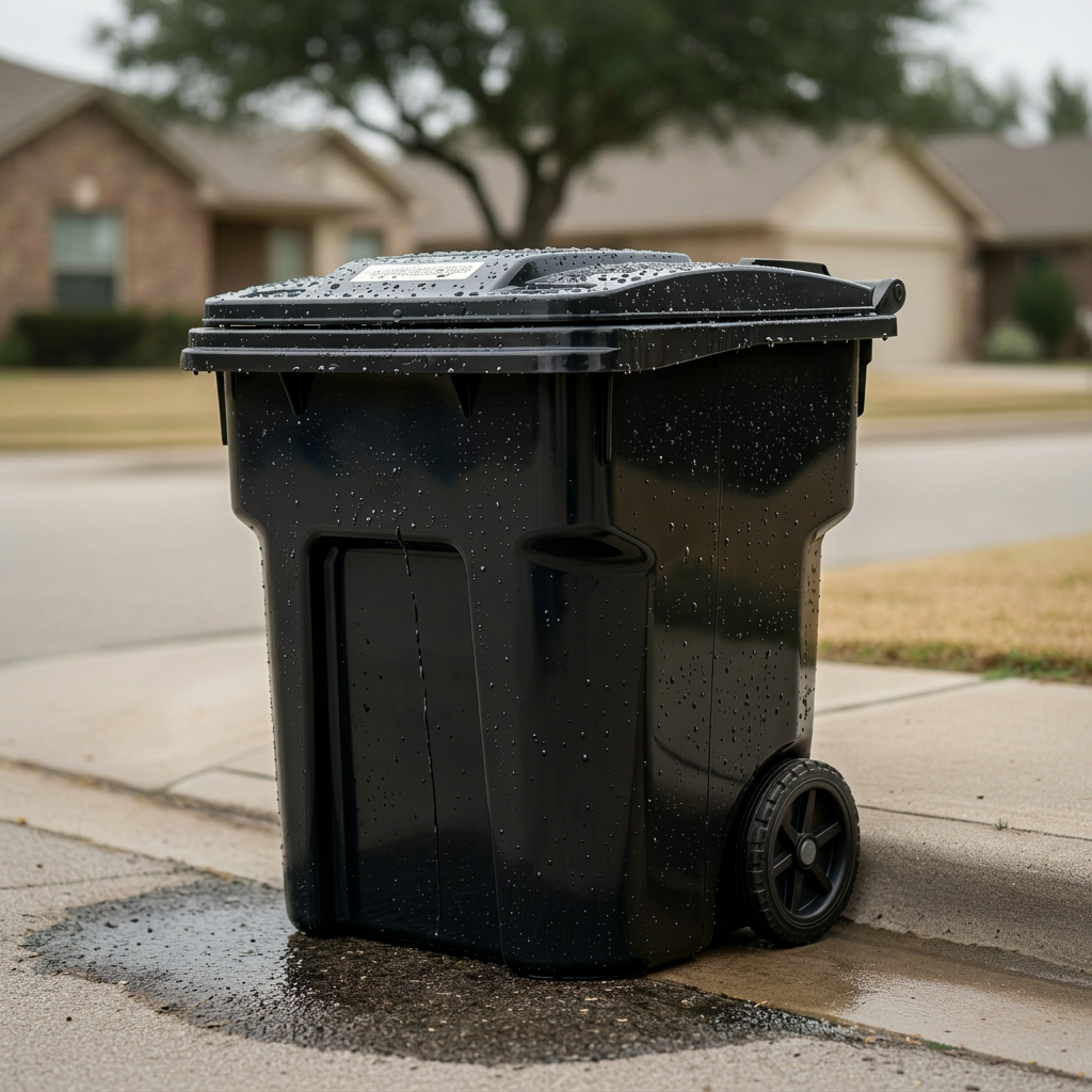 Sparkling clean sanitized trash bin with water droplets