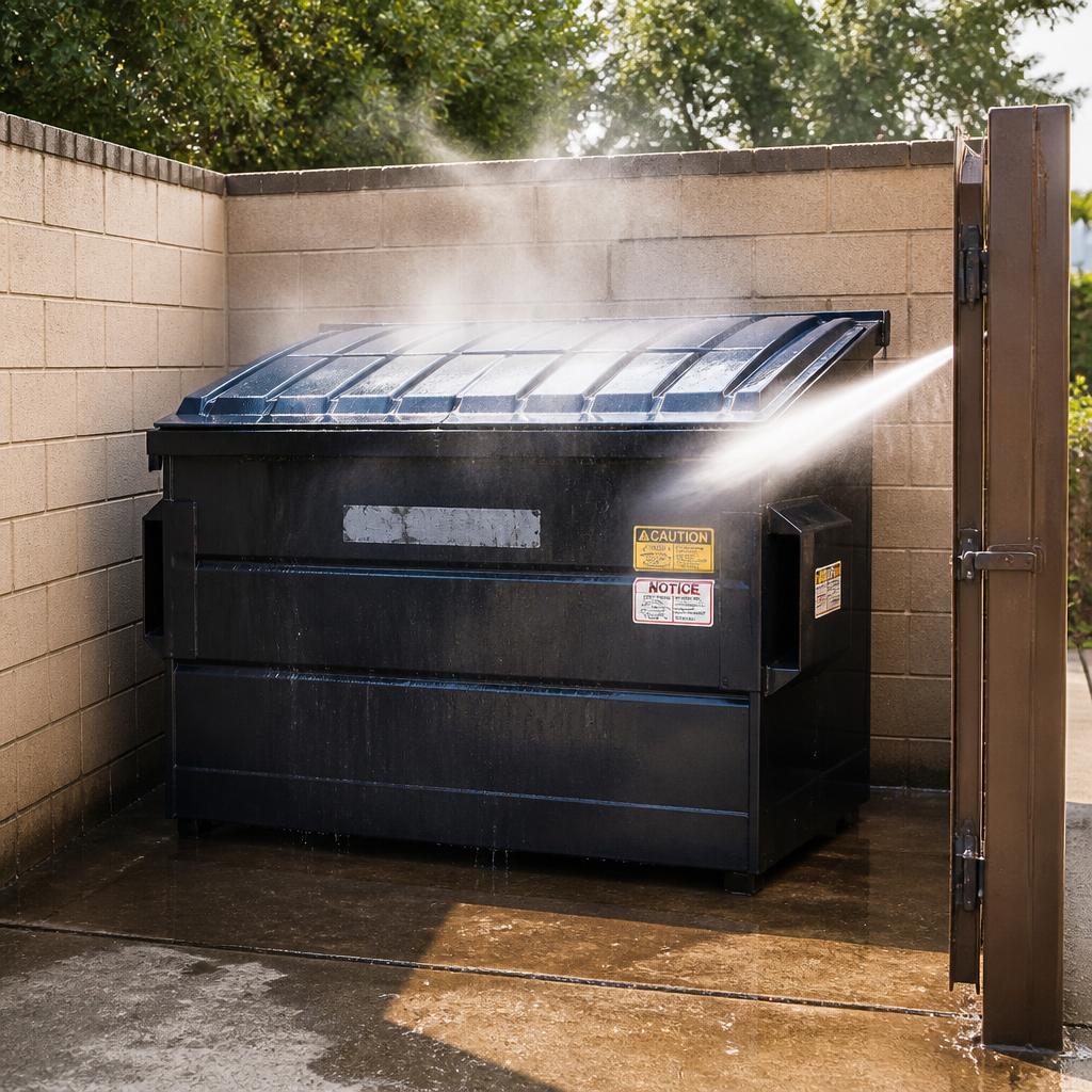 Commercial dumpster inside a brick enclosure being pressure washed with water mist and steam