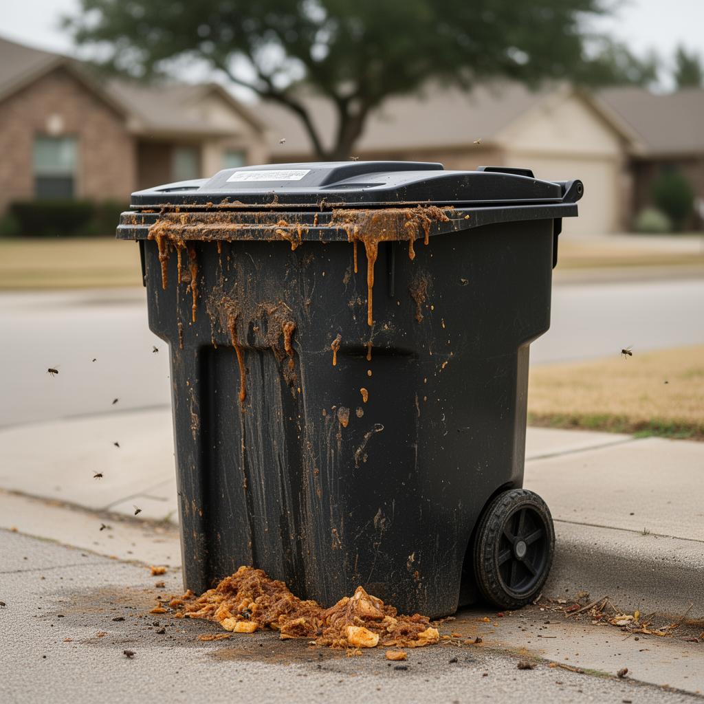 Filthy outdoor trash bin dripping with sludge and surrounded by flies